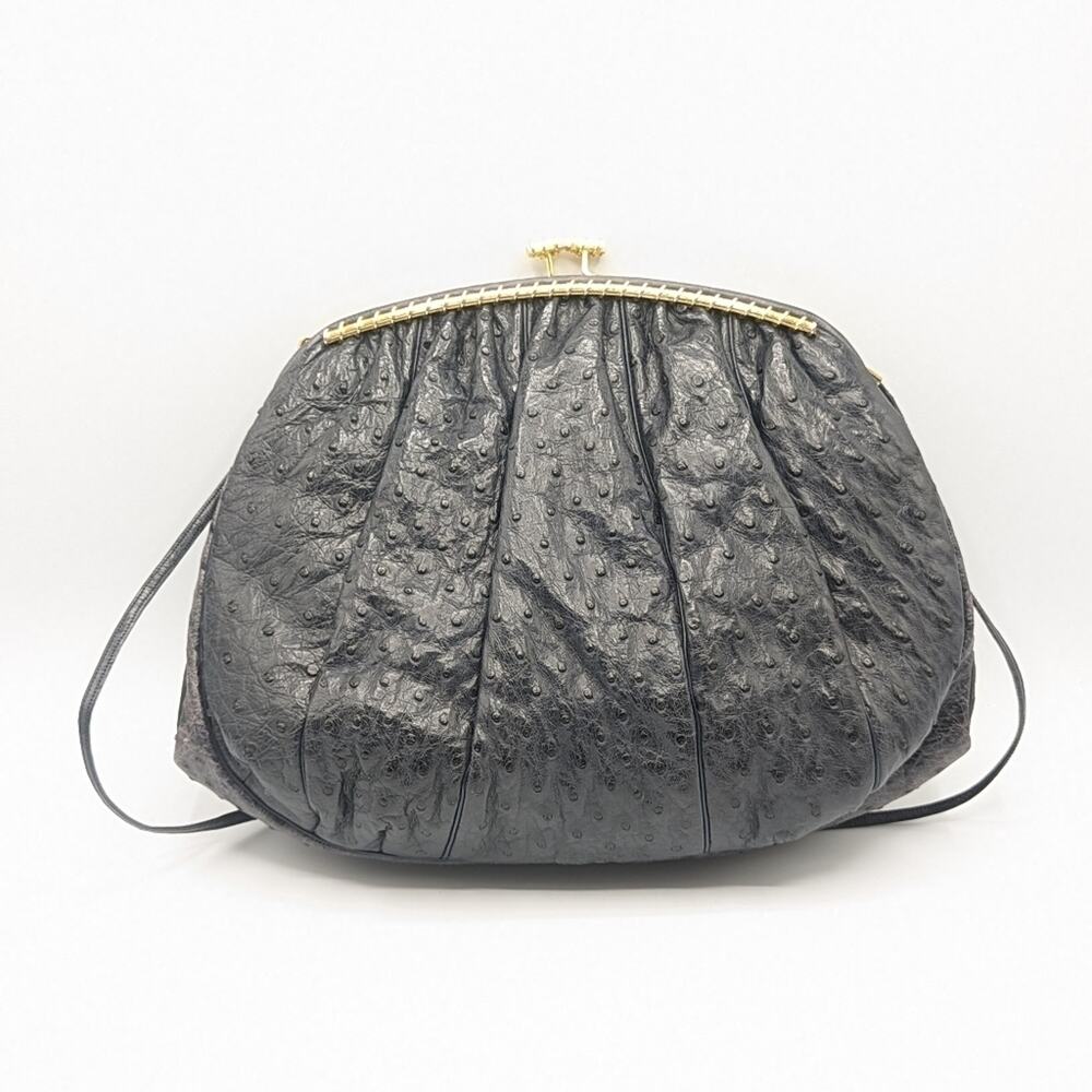 Judith Leiber Navy Ostrich Shoulder Bag Kisslock Clutch